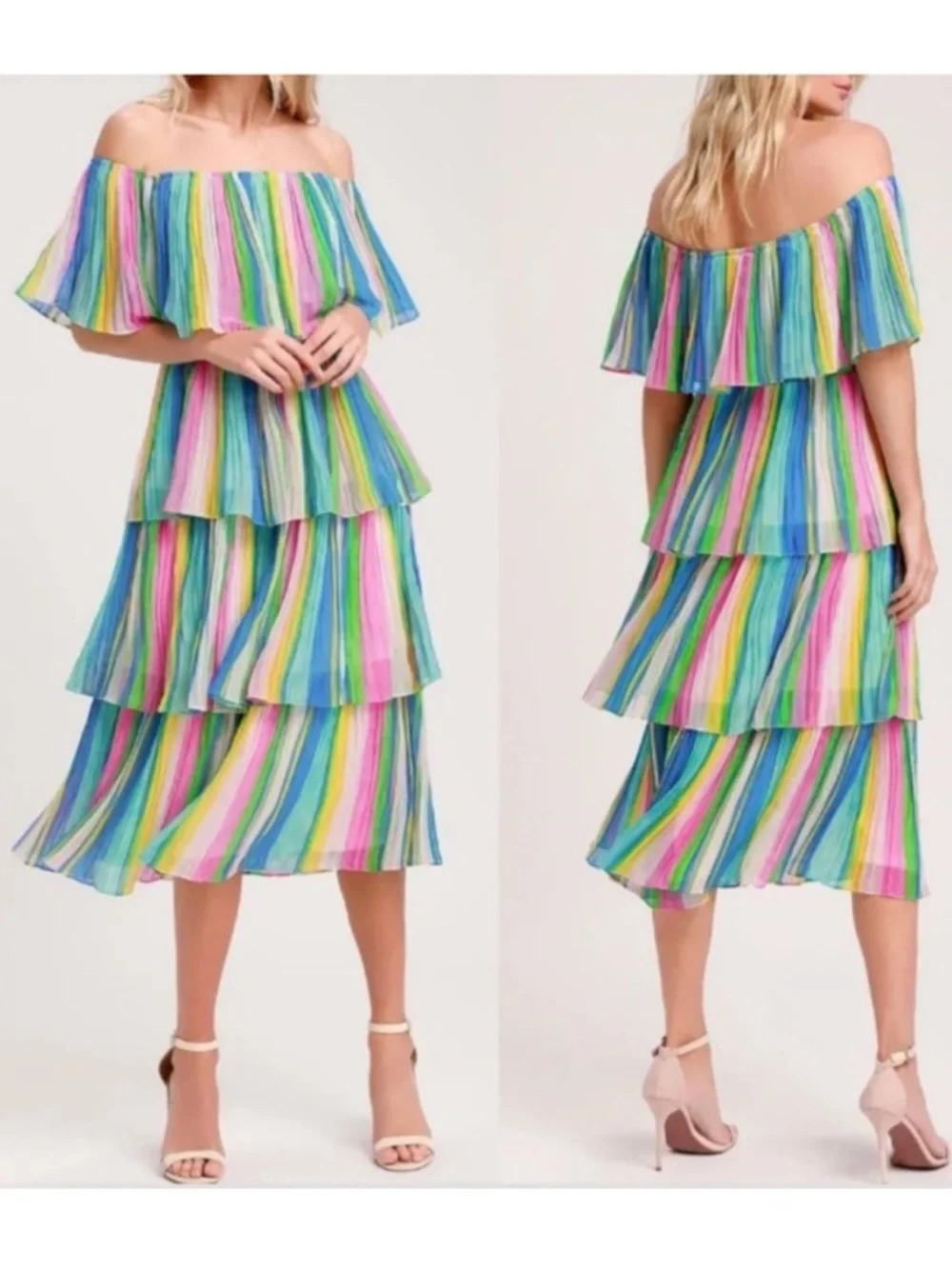 Lulus Gala Ready Multi Stripe Print Off-the-Shoulder Ruffle Midi Dress - Picture 2 of 12